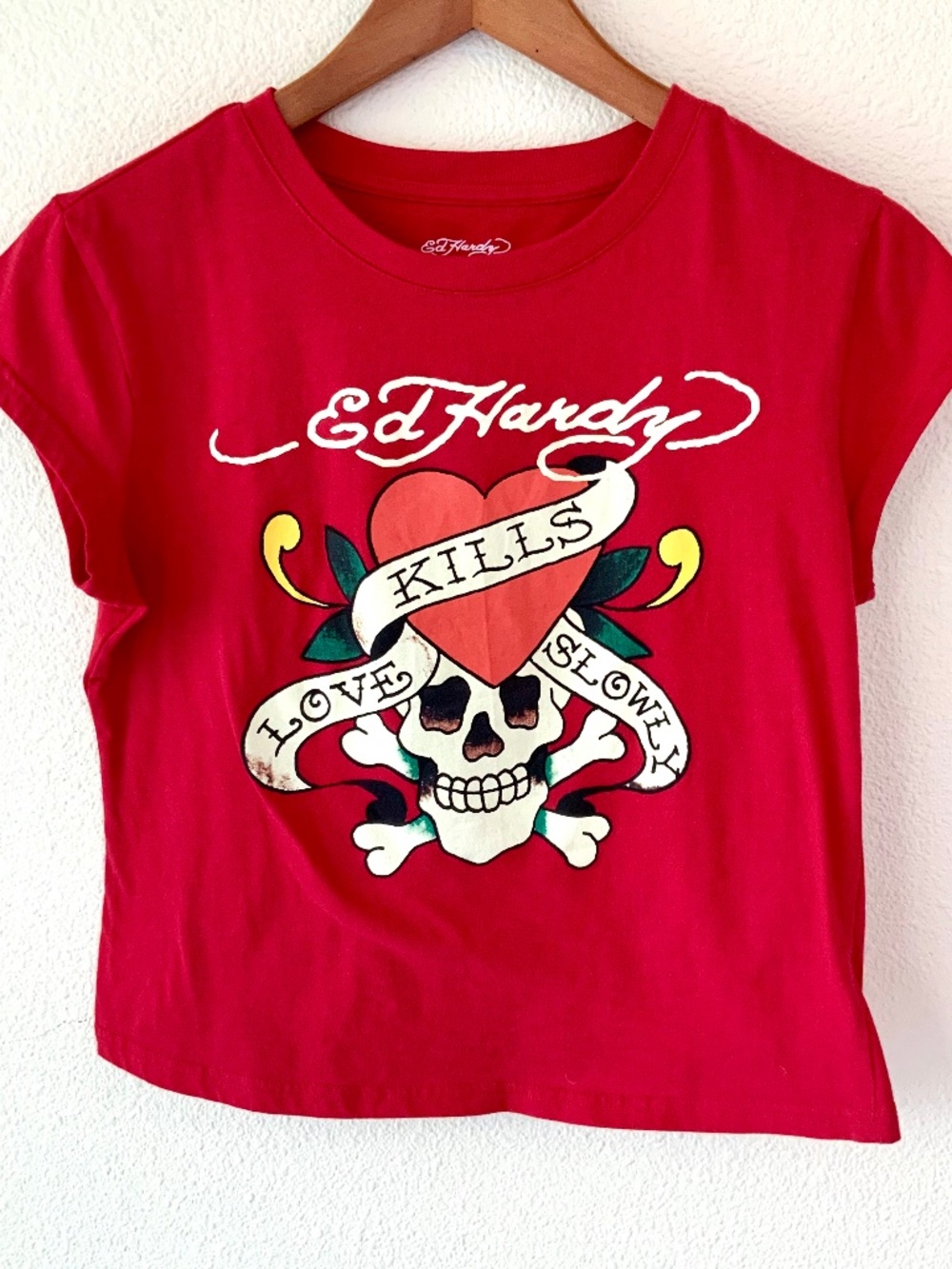 Ed Hardy Graphic Tee Love Kills Slowly Skull Heart Cropped Size XL Tattoo